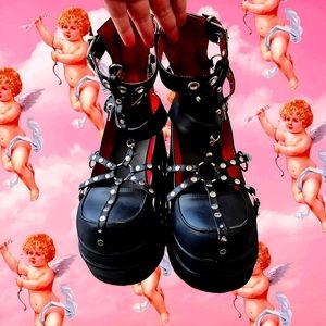 Black and Red Demonia Strappy Mary Jane Platforms